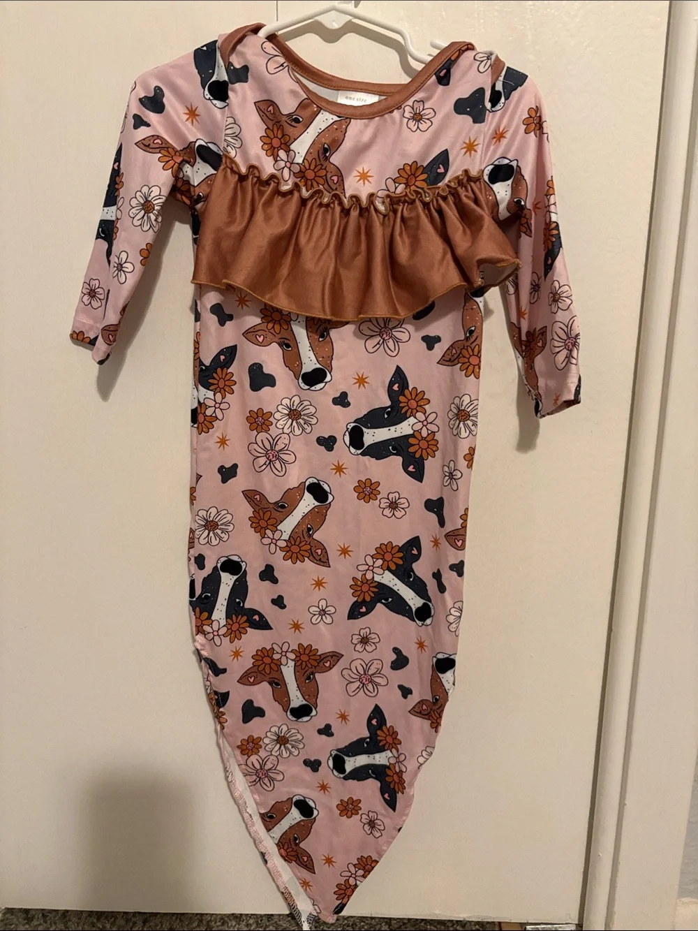 Kids Pink Floral & Cow Ruffle Sleep Gown